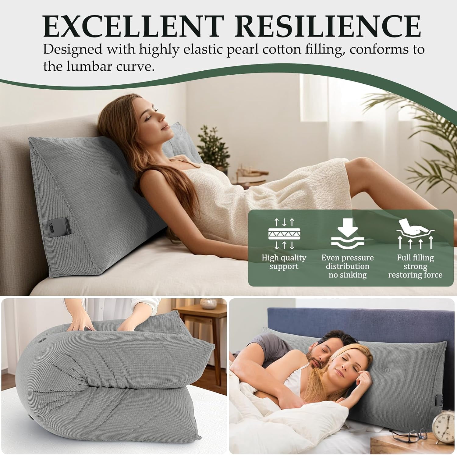 Soft Headboard Pillow Full Size, Wall Backrest Wedge Pillow Headboard Full, Reading Backboard Pillows, Large Dorm Daybed Bolster Pillows for Back Support with Removable Cover, Gray