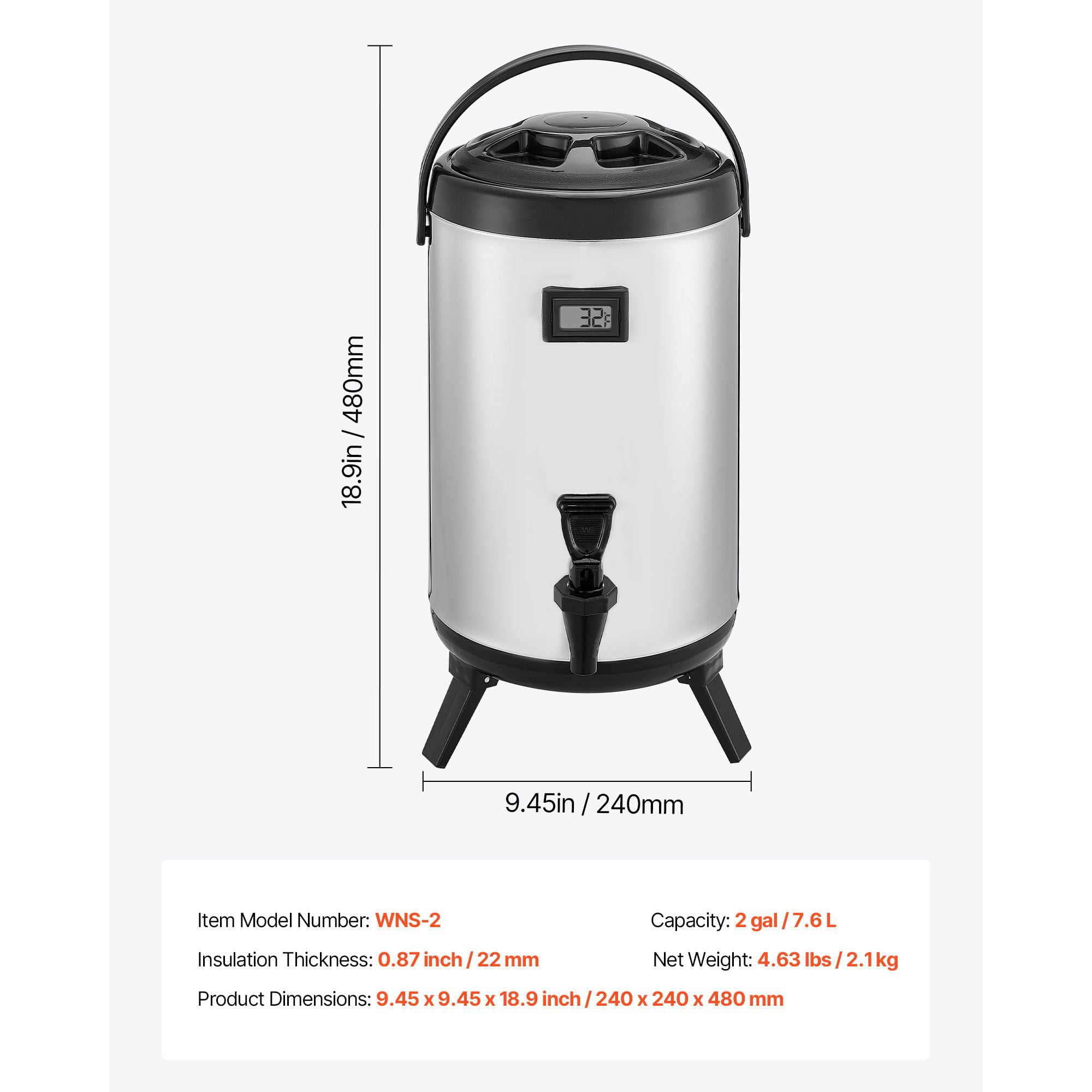2 Gallon Insulated Beverage Dispenser with Temp Display, 304 Stainless Steel, Hot/Cold Insulation, Drip-Free Spigot, Ergonomic Handle for Cafes