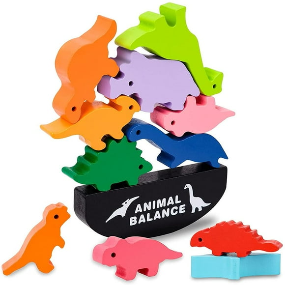 11 Pcs Blocs Empilables Montessori en Bois Dinosaure&Animal Jouets de Jeu d'Équilibre Blocs de Construction Dinosaure pour Enfants Cadeaux de Noël Anniversaire pour Enfants (Bloc Dinosaures)