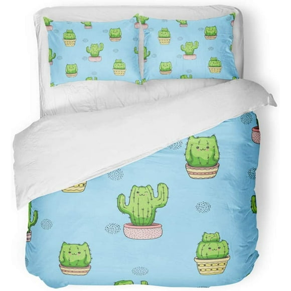 RYLABLUE 3 Piece Bedding Set Blue Cacti Cute Cartoon Cactus Cat Pattern Green Character Child Desert Drawing Face Twin Size Duvet Cover with 2 Pillowcase for Home Bedding Room Decoration