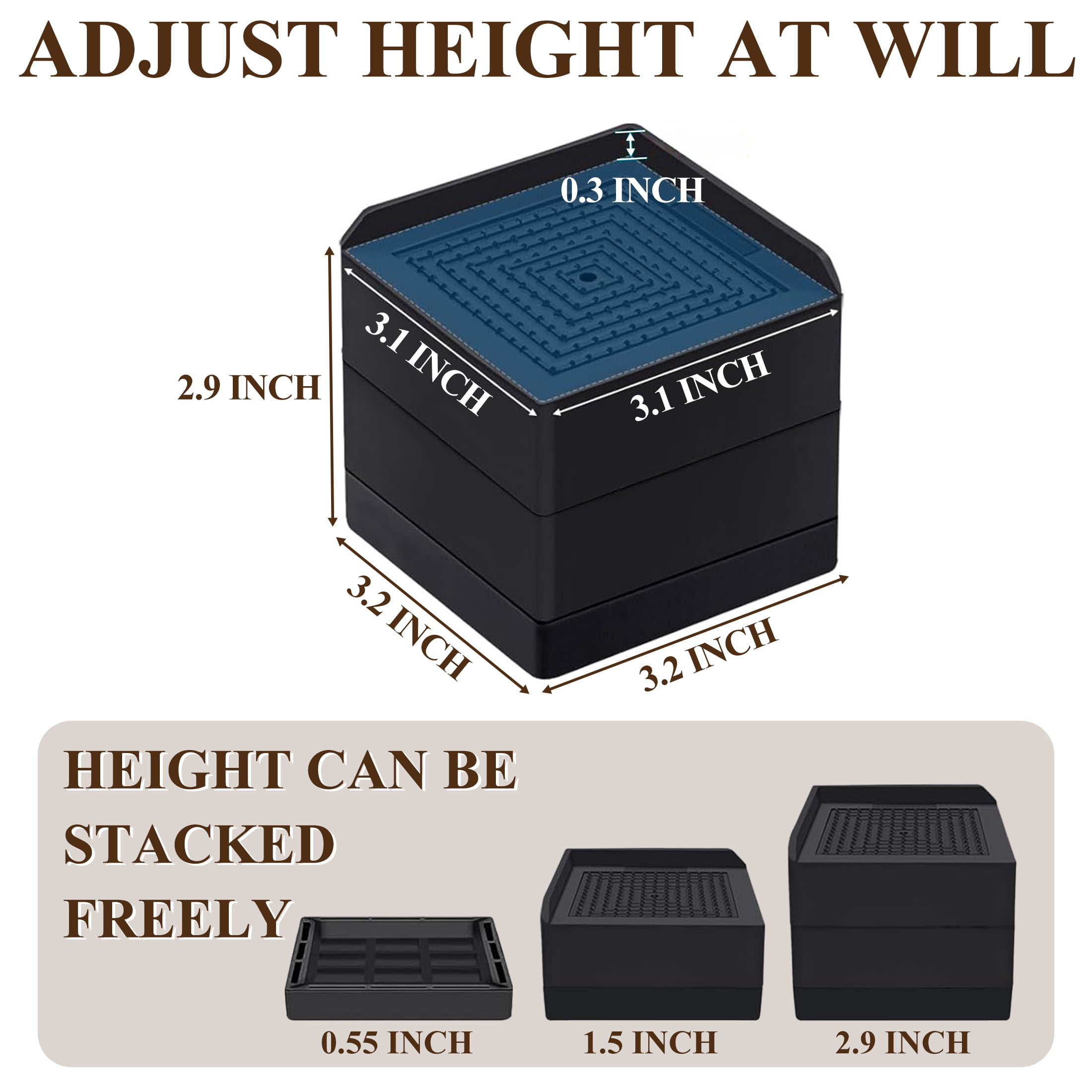 Aovky Furniture Risers, 1.5 or 3 Inch Heavy Duty Adjustable Bed Risers, Square Furniture Bed Lifts Risers for Sofa Table Couch Desk Chair Legs Support Up to 1100 Pounds, 4 Pack