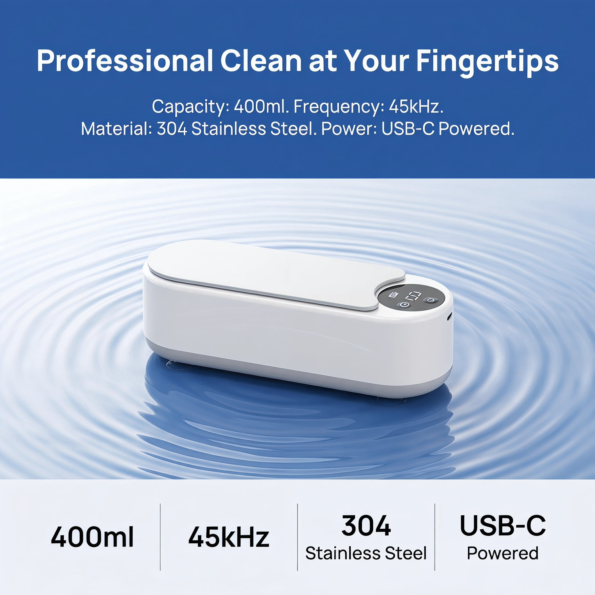 Professional Ultrasonic Jewelry Cleaner, 300mL Portable Eyeglass Cleaning Machine with Whisper-Quiet Tech,USB Powered Sonic Wash for Watches,Dentures, and Rings, One-Touch Operation for Home & Travel