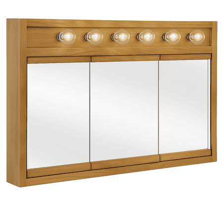 Design House Richland 48 Inch Tri-View Bathroom Medicine Cabinet with 6-Light and Nutmeg Oak Finish
