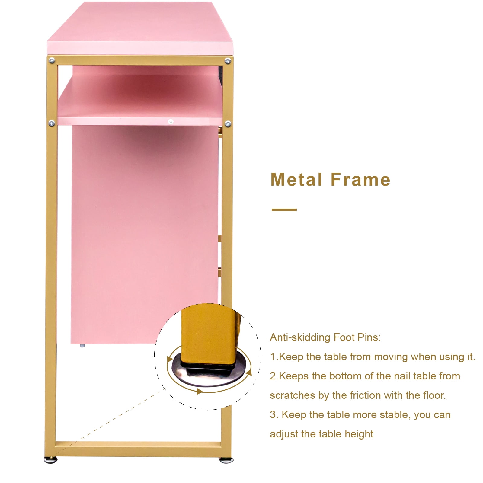 Ktaxon Salon Manicure Table Nail Desk for Nail Tech with Chipboard Top 2 Drawers Iron Frame, Pink