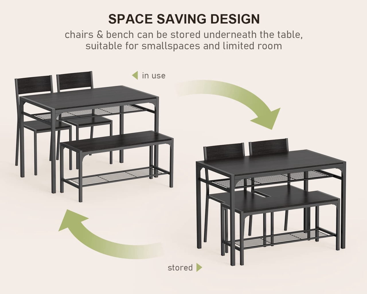 4-Piece Dining Table Set for 4, Kitchen Table with 2 Chairs & Bench, Compact Furniture for Small Space & Apartment Black