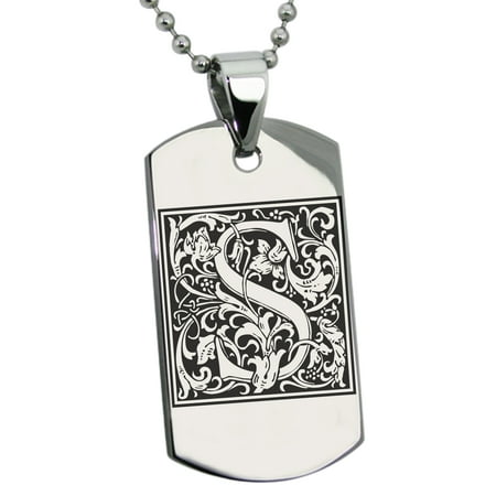 Stainless Steel Letter S Initial Floral Monogram Engraved Dog Tag Pendant