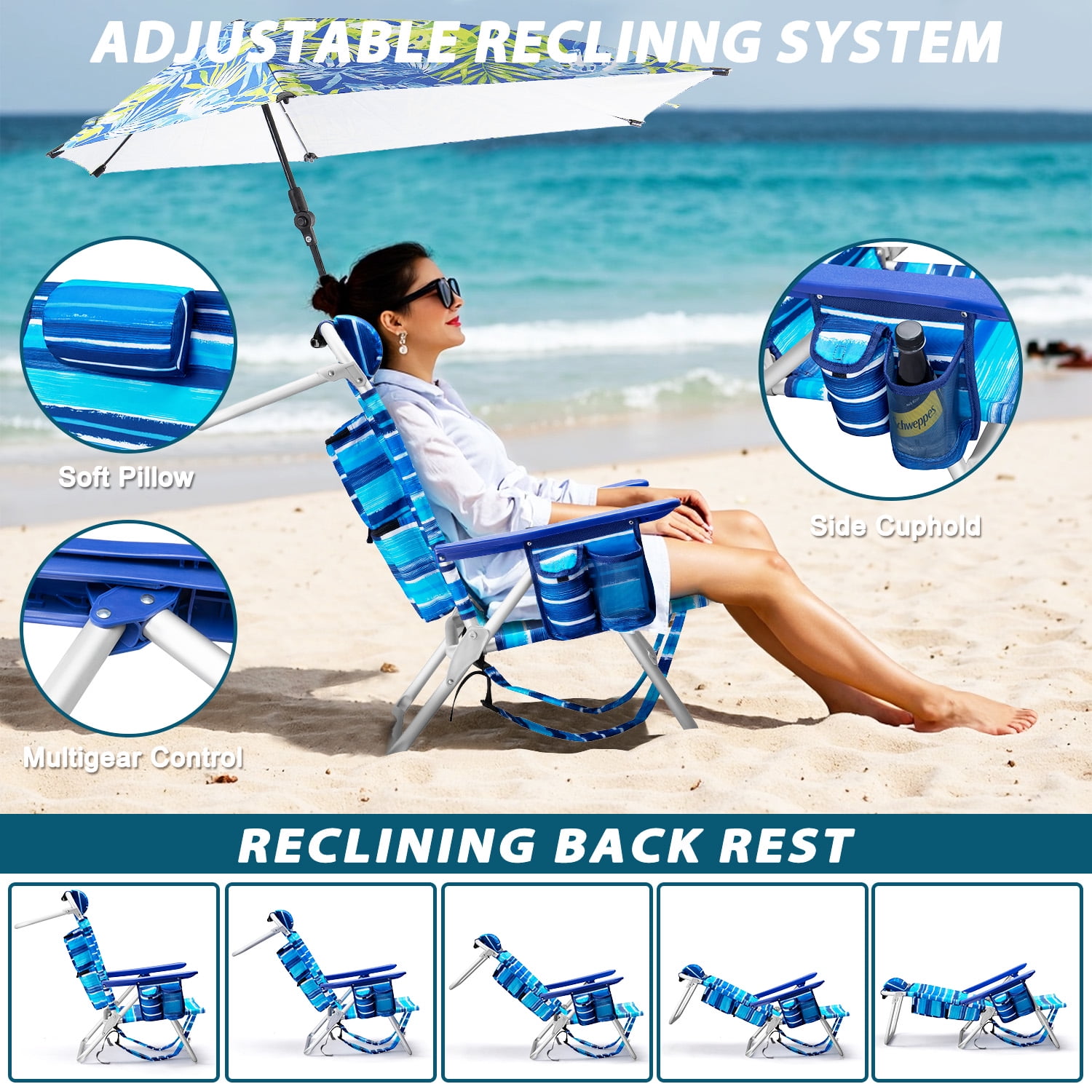 BOSSIN Backpack Beach Chair with Umbrella for Adults, Folding Heavy Duty Camping Chair with Large Pockets, Cup Holder and Towel Rack