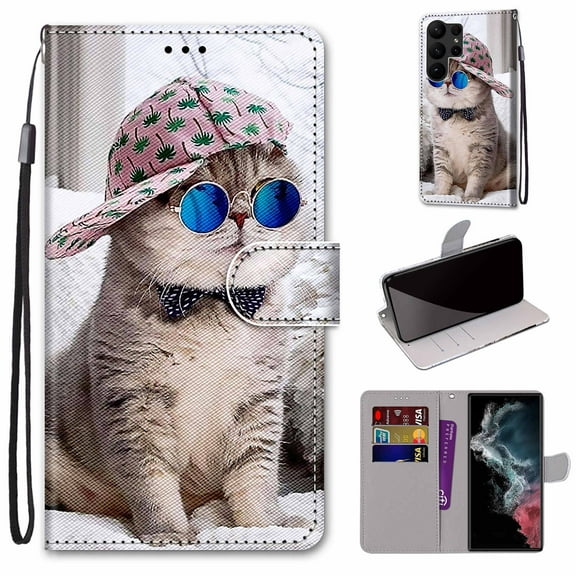 SaniMore Painted Wallet Case Compatible with Galaxy S23 Ultra, Stylish PU Leather Shell Magnetic Closure Shockproof Kickstand Case with Wrist Strap for Samsung Galaxy S23 Ultra, Cat with Hat