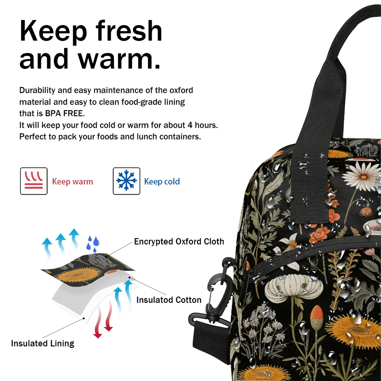 Herdesigns Wildflower Floral Flower Insulated Lunch Bag for Women Men Adult, Reusable Insulated Cooler Lunch Box Lunch Tote Bag for Work Picnic Beach