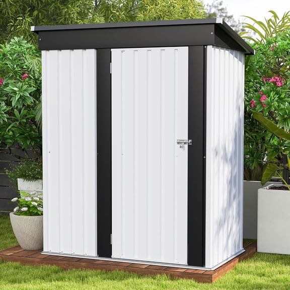 5x3 FT Outdoor Storage Shed, Garden Tool Shed with Sloping Roof and Lockable Door, Metal Shed for Backyard Garden Patio Lawn, White