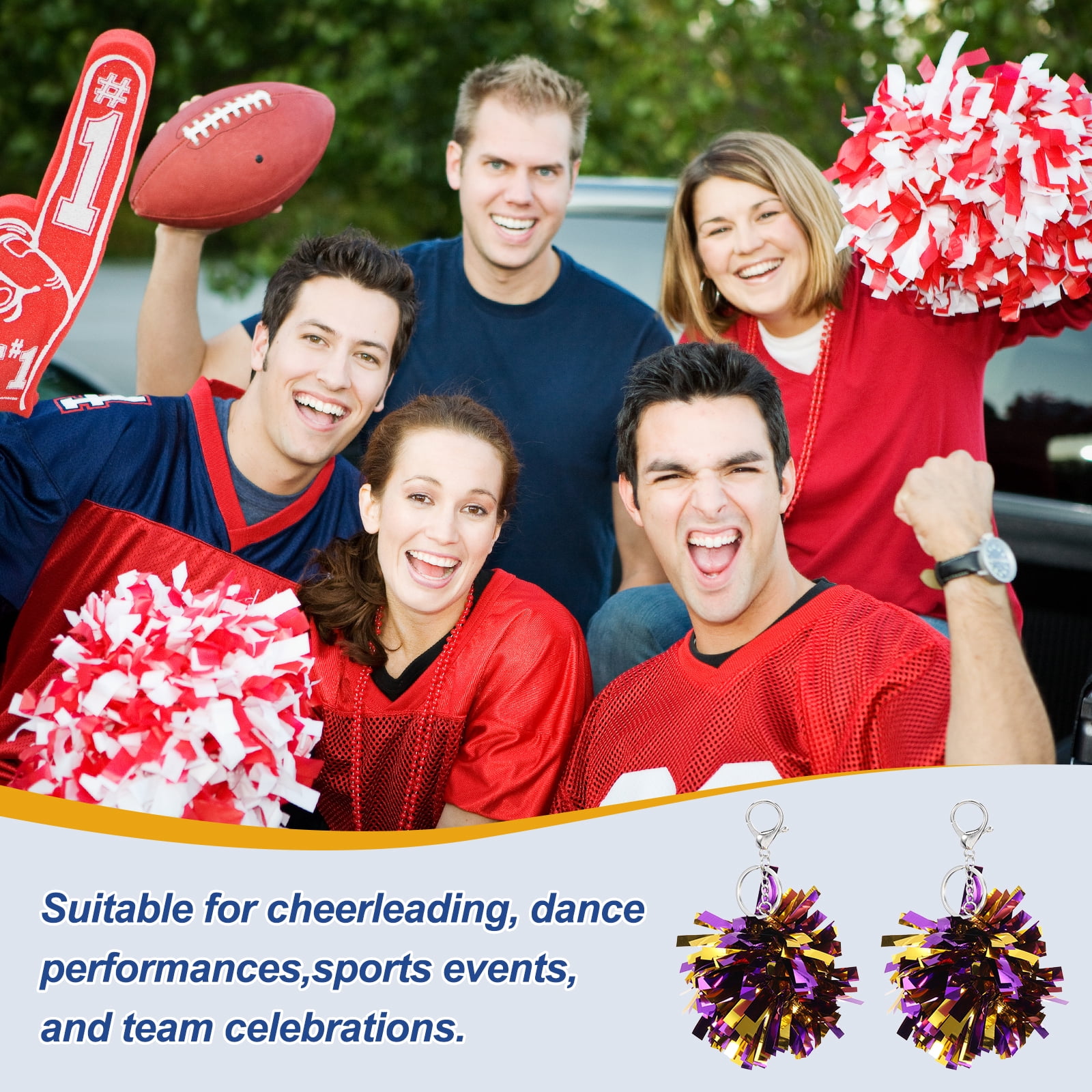 Uxcell 20 Pcs Cheer Pom Pom Keychain Cheerleading Gift Charm Plastic Keyring Bulk for Christmas Purple Gold Tone