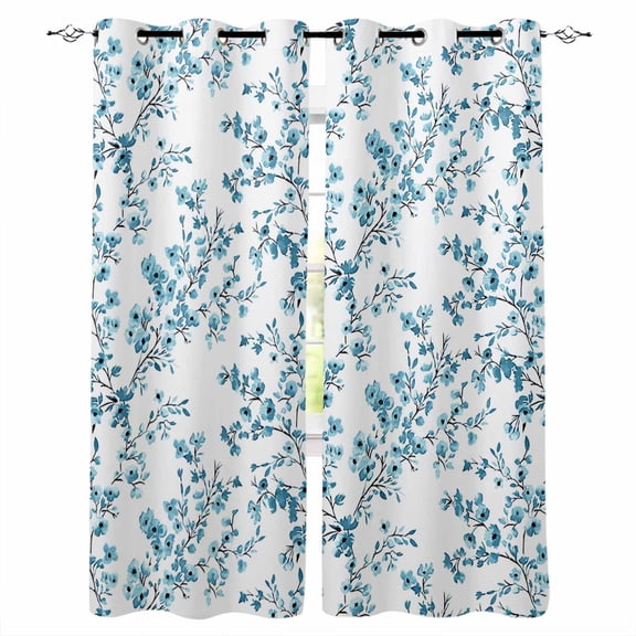 Teal Spring Floral Blackout Curtains for Bedroom/Living Room, Thermal Insulated Kitchen Curtains, Elegant Pastoral Flowers Grommet Darkening Window Treatment Drapes 52"x63"x2