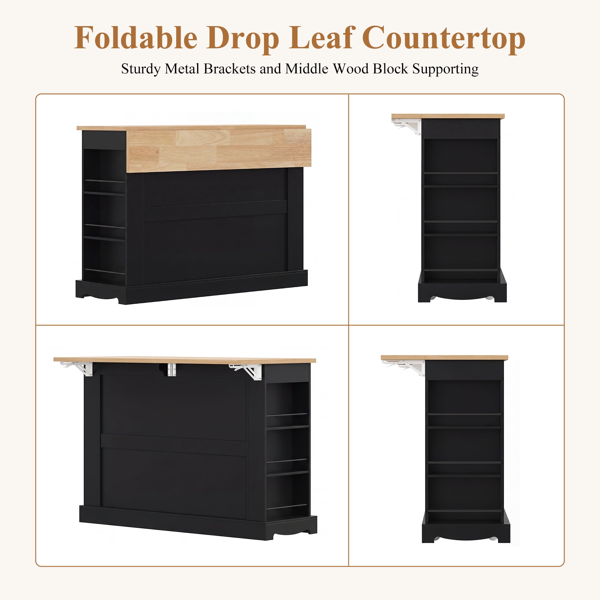 Homfa Mobile Kitchen Island with Rubberwood Countertop, 3 Drawer 2 Door Kitchen Cart with Drop Leaf and Casters for Kitchen Dining Room, Black
