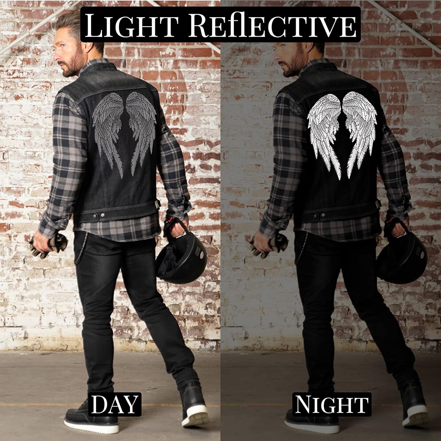Reflective Angel Wing Patches 14" | "Saints & Sinners" Black Realistic Wings & Feathers Light Activated Guardian Angels Back Patch | Embroidered Iron On | Large 2pc. Set - by Nixon Thread Co.