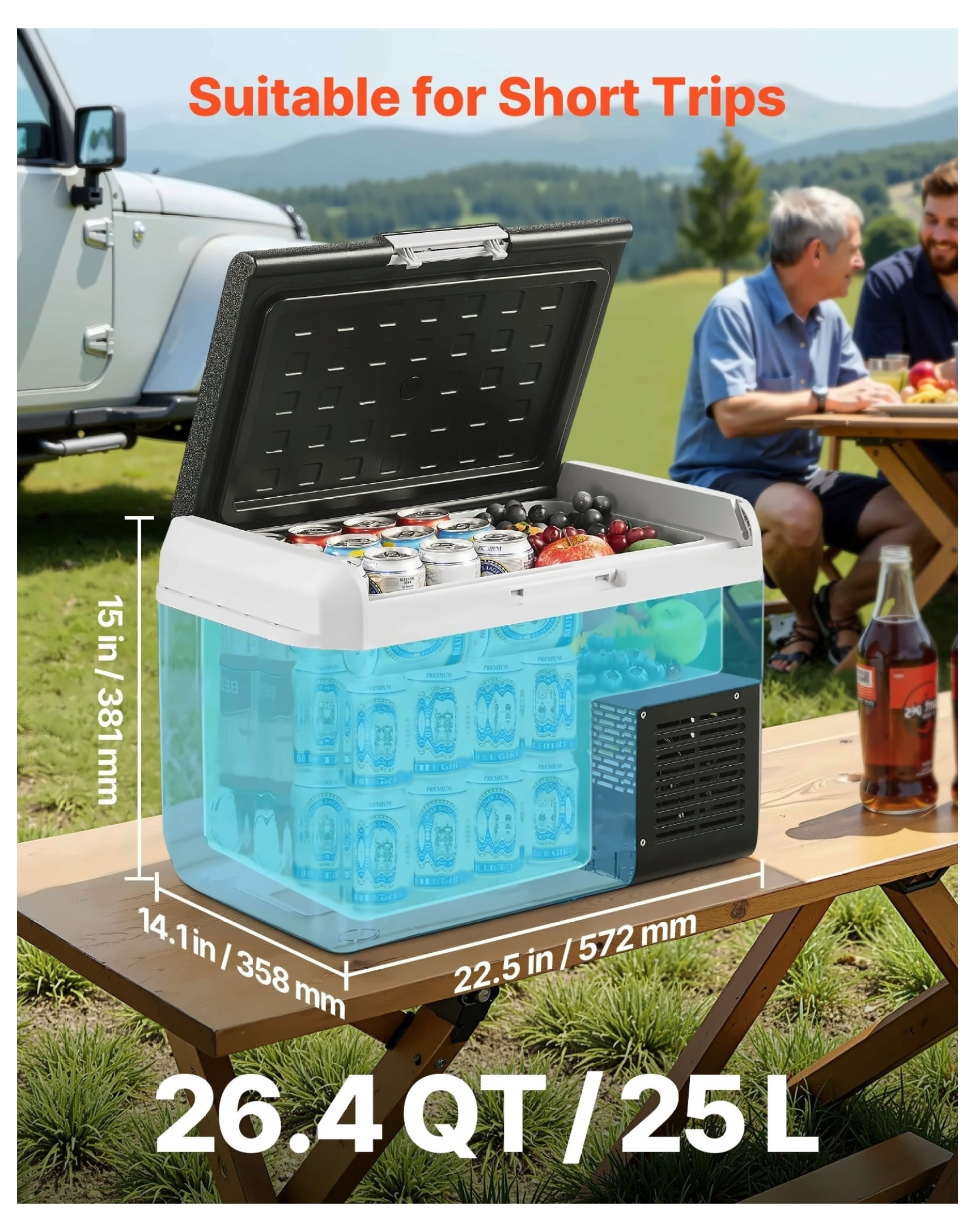 12V Car Refrigerator, 26.4QT Portable Fridge Freezer -4°F to 68°F Adjustable Temp, DC 12/24V & AC 100-240V, for Camping, RV, Travel, Outdoor Cooling