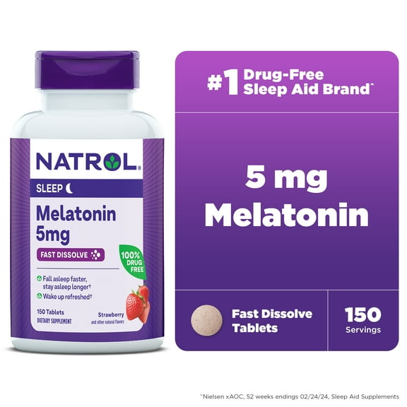 Natrol® Sleep Melatonin Fast Dissolve Tablets, Nighttime Sleep Aid, Strawberry Flavor, 5mg, 150 Ct
