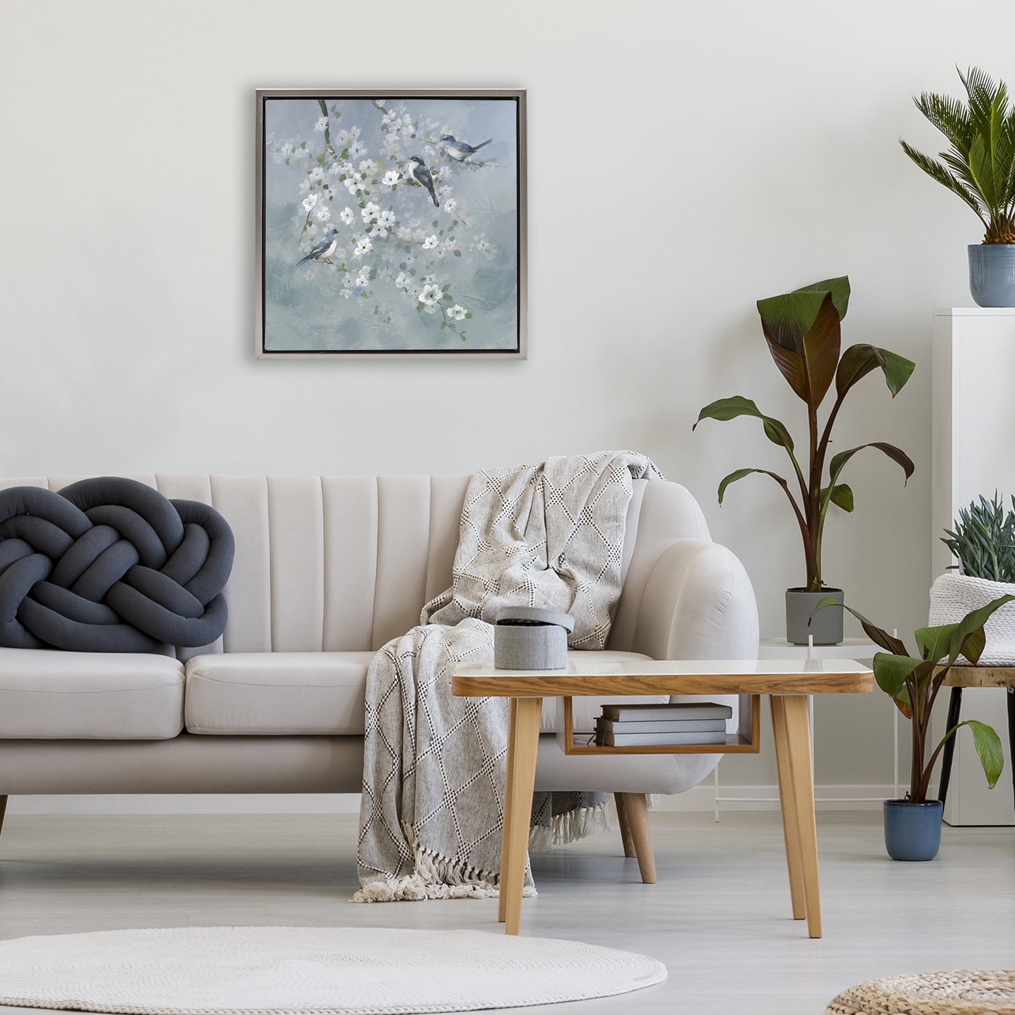 Stupell Industries Serene Birds on White Blooms Gray Framed Floater Canvas Wall Art, design by Nan