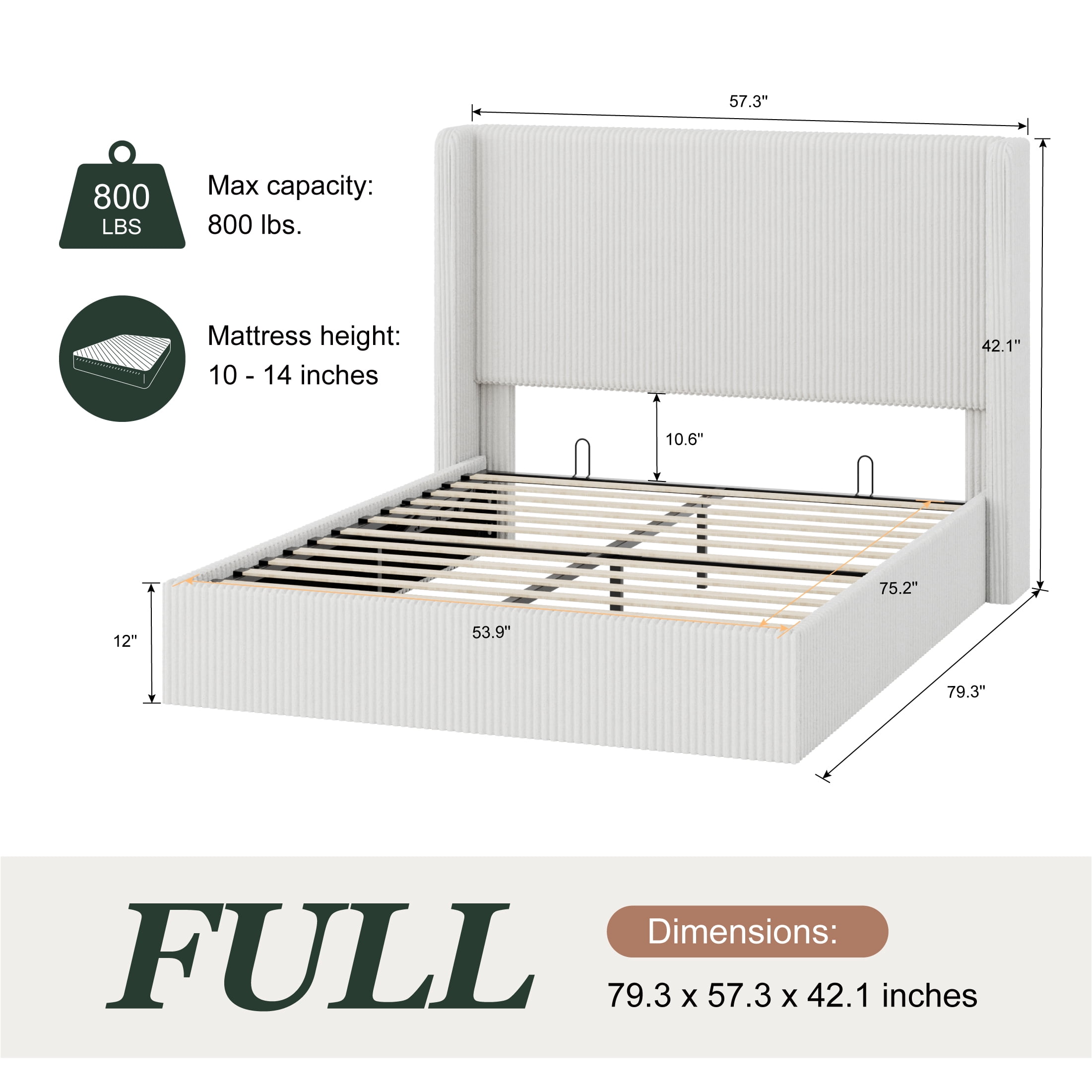 Amolife Full size Hydraulic Lift Storage Bed Frame with Wingback Headboard, Corduroy Upholstery, White