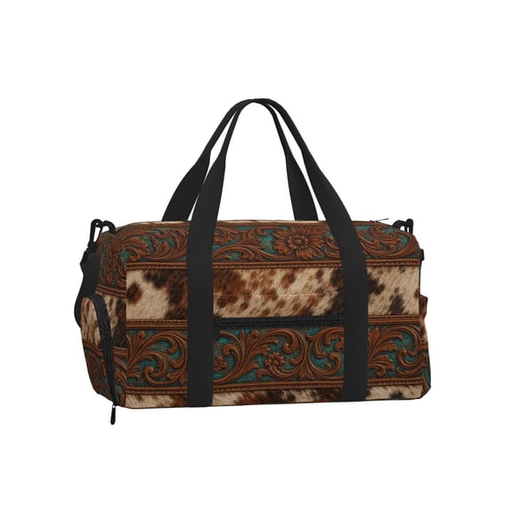 Western Tooled Leather Pattern Art Sports Duffel Bag with Shoe Compartment Travel Crossbody Bag for Gym Yoga Dance