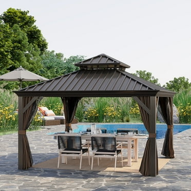 Outsunny 11.9" x 9.8" Hardtop Gazebo with Curtains and Netting, Permanent Pavilion Metal Roof Gazebo Canopy with Aluminum Frame and Top Hook, Cream