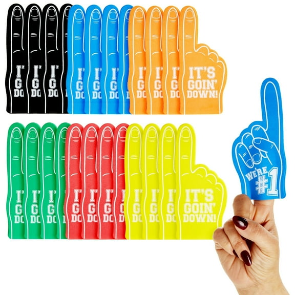 24-Pack Mini Foam Fingers for for Sports-Themed Birthday, Mini Party Favors, Game Day Supplies, Mini Foam Hand Fingers It's Going Down, We're #1 (6 Colors, 5.5 in)