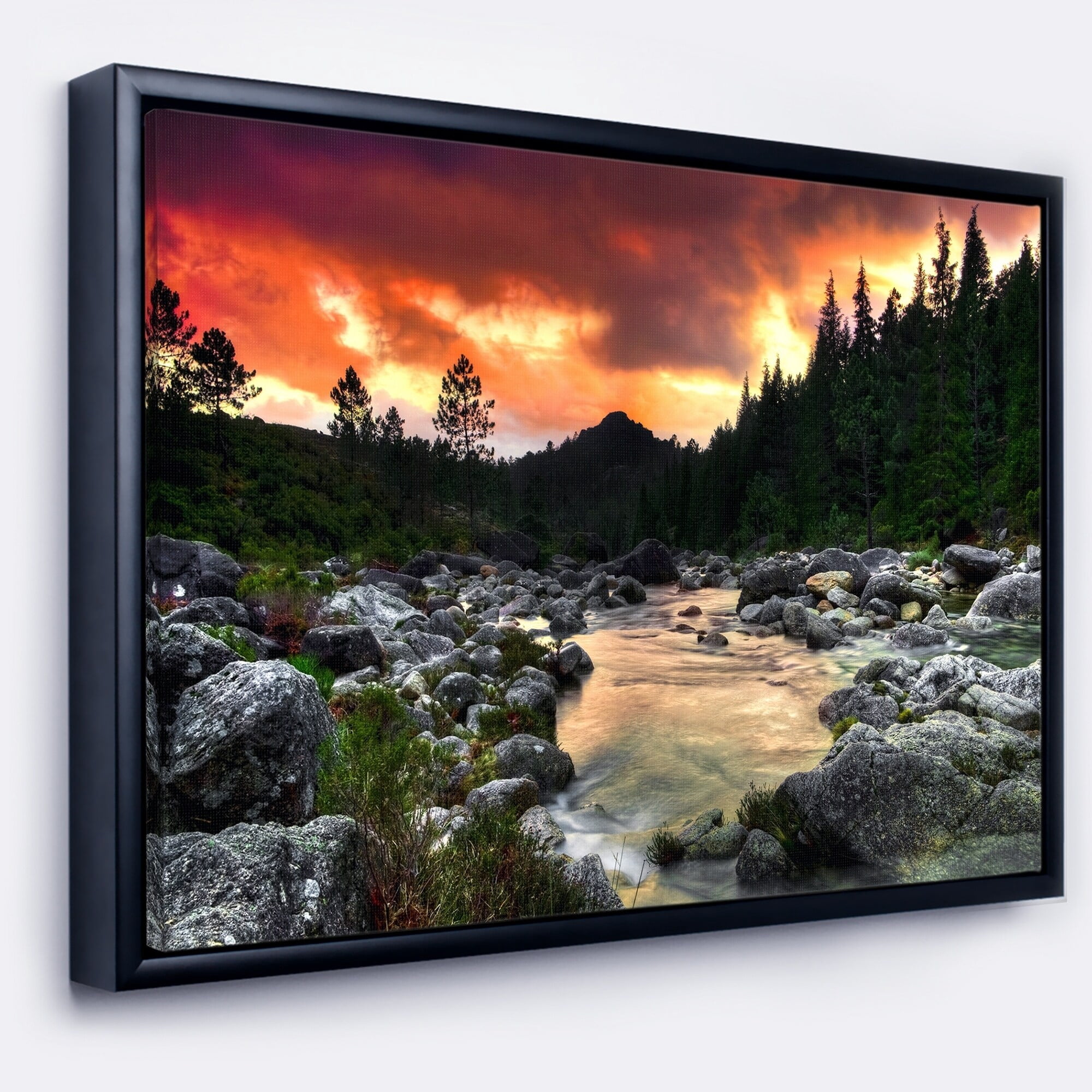 Designart ' Rocky Mountain River at Sunset ' Landscape Framed Canvas Art