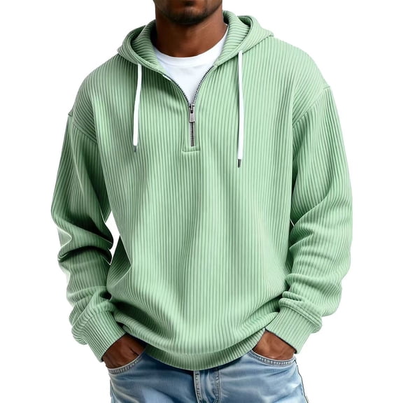 Garbnen Men Quarter Zip Hooded Long Sleeve Casual Corduroy Sweatshirt Comfy Loose Drawstring Y2k Hoodies for Men Green 5XL