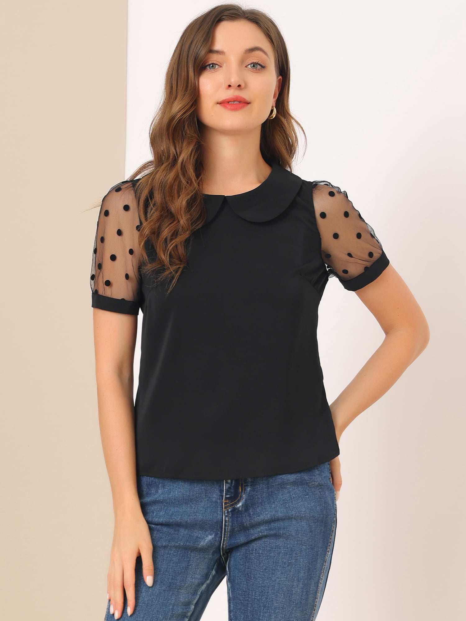 DARING DIVA Women's Polka Dots Mesh Peter Pan Collar Blouse L Black