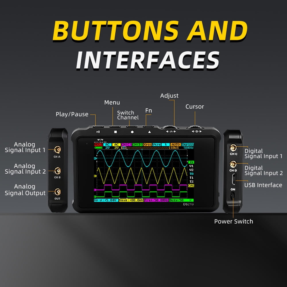 Handheld Oscilloscope DS213, Portable Oscilloscope Mini Size Handheld, Built-in Rechargeable Battery, 4 Channels, 15Mhz Bandwidth, Entry Level Oscilloscope for Beginner