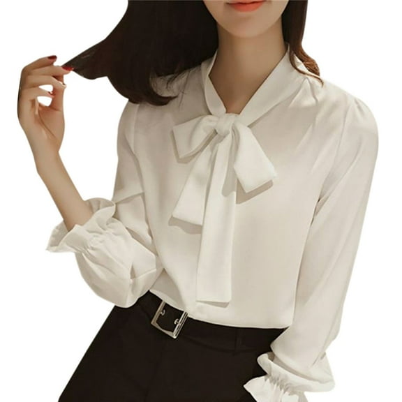 Women's Solid Color Elegant Bow Tie Neck Long Sleeve Work Office Blouse Top