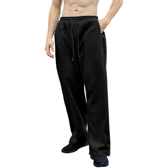 JUSLIO Pants for Men Solid Drawstring Wide-leg Pants Straight Leg Sweatpants with Pockets Outdoor Workout Business Casual Sweatpants Black L