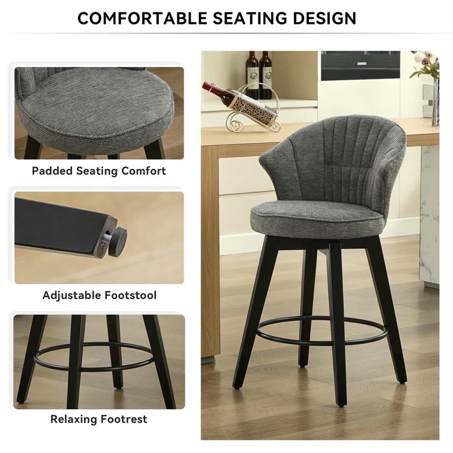 Demi Bonn 36" Counter Height Bar Stools Set of 2, Swivel Barstools with Back, Chenille Upholstered, Kitchen Island Countertop Chairs for Dining Room, Gray