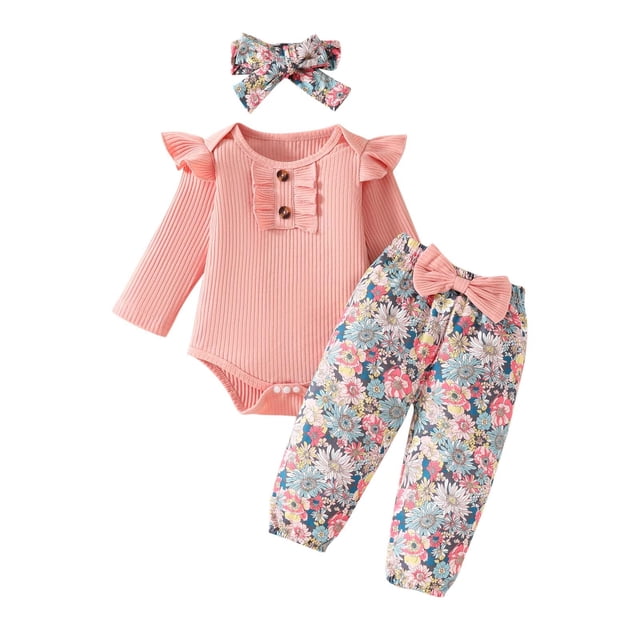 Odeerbi 0-18 Meses Niñas Conjuntos Canastilla Rib Knit Body Floral Pantalones Con Diadema Conjunto Manga Larga Tops Pantalones Conjunto de Tres Piezas