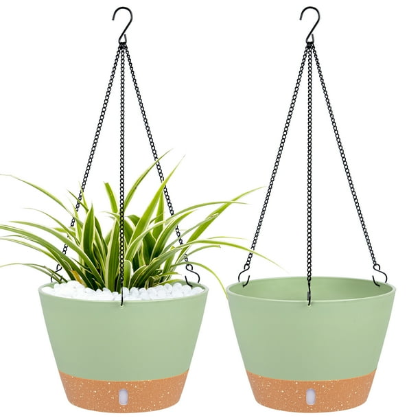 QCQHDU 2 Pack 10 inch Plastic Green Hanging Planters with 3 Hooks, Hanging Plant Pot Basket with