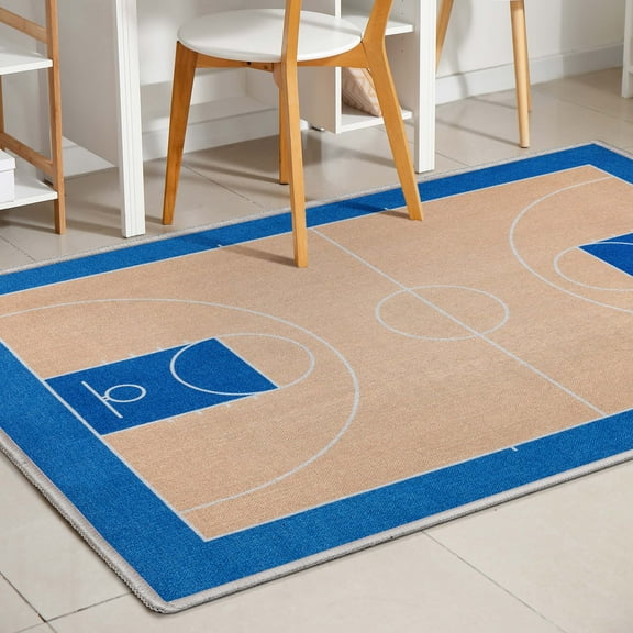 Well Woven Apollo Basketball Sports Court Tan Blue Flat-Weave Easy to Clean 3'3" x 5' Area Rug