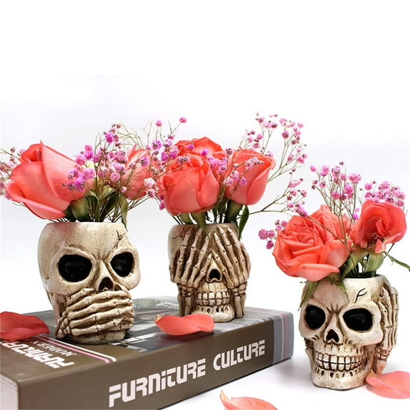 Creepy Skull Planter Succulent, Halloween Flower Pot,Horror Skeleton Planter Pot, Resin Flower Pots for Outdoor Indoor Plants,Skeletons Statue Hear See Speak No Evil Skull Halloween Figurines