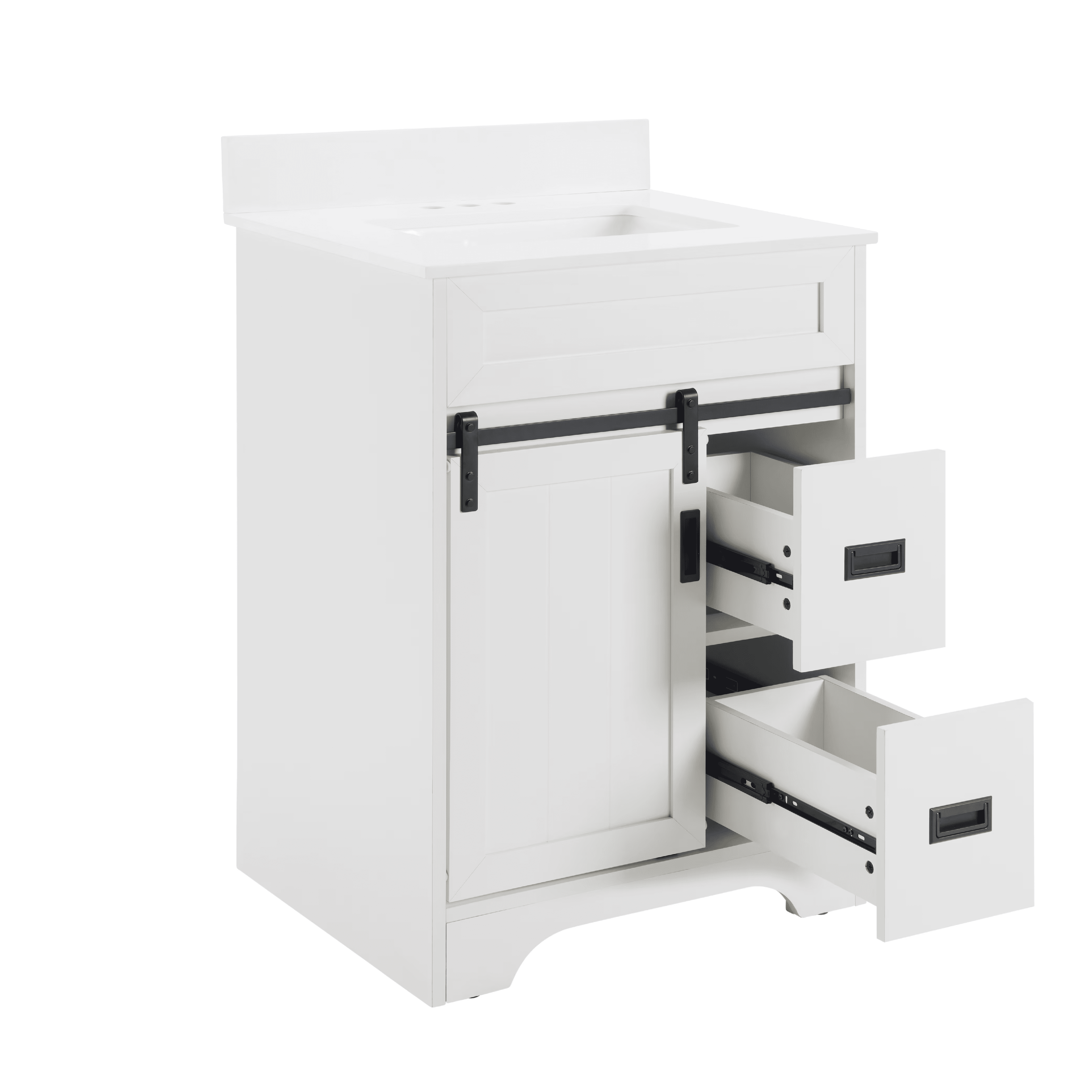 24" Bathroom Vanity with Single Sink Combo, Farmhouse Undermount Bathroom Sink Cabinet with Sliding Barn Doors and 2 Drawers, Freestanding Bathroom Vanities,White