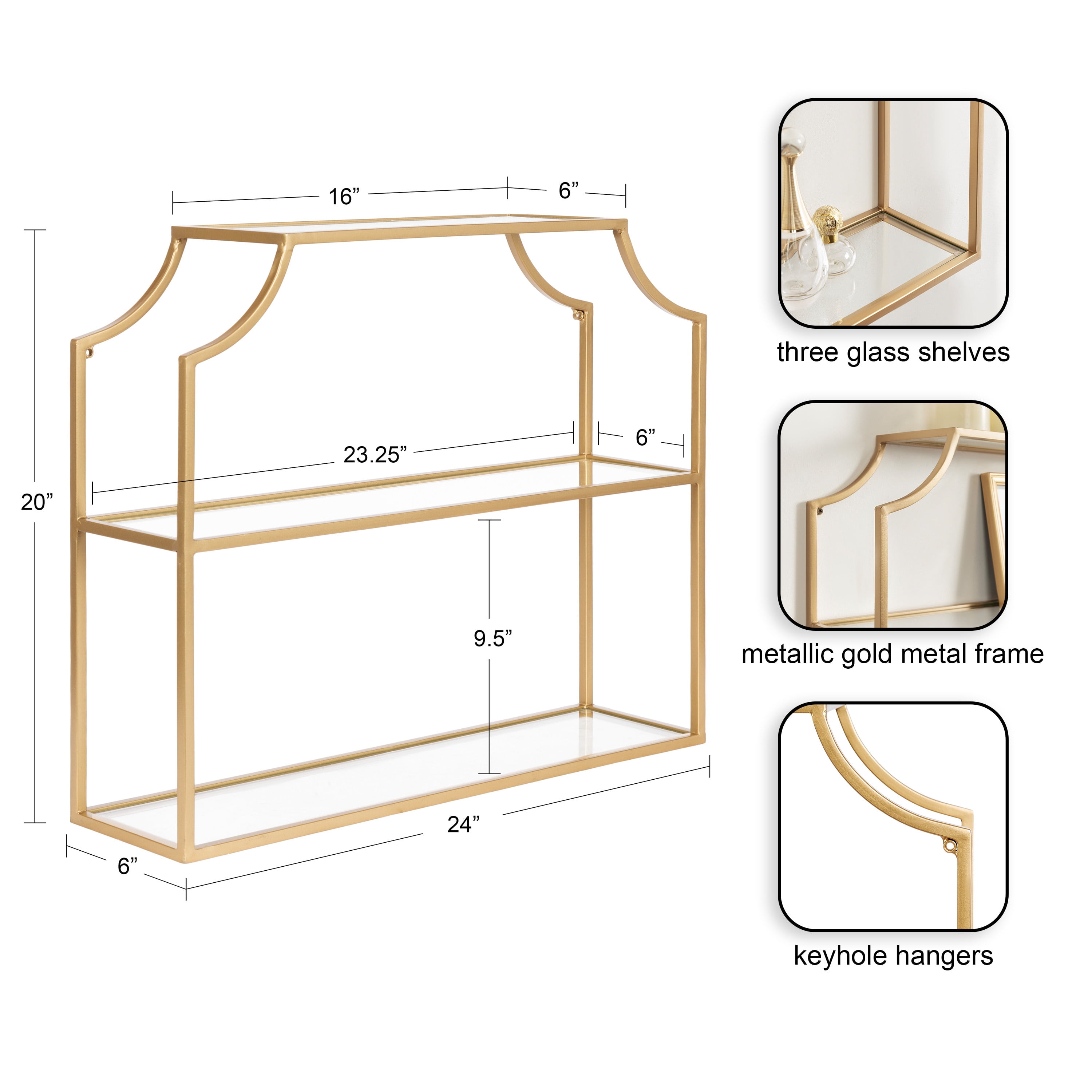 Kate and Laurel Ciel Modern Glam Wide Two-Tier Wall Shelf, 24 x 20, Gold, Tiered Bathroom Shelves for Over the Toilet Storage or Bedroom Makeup Organizer