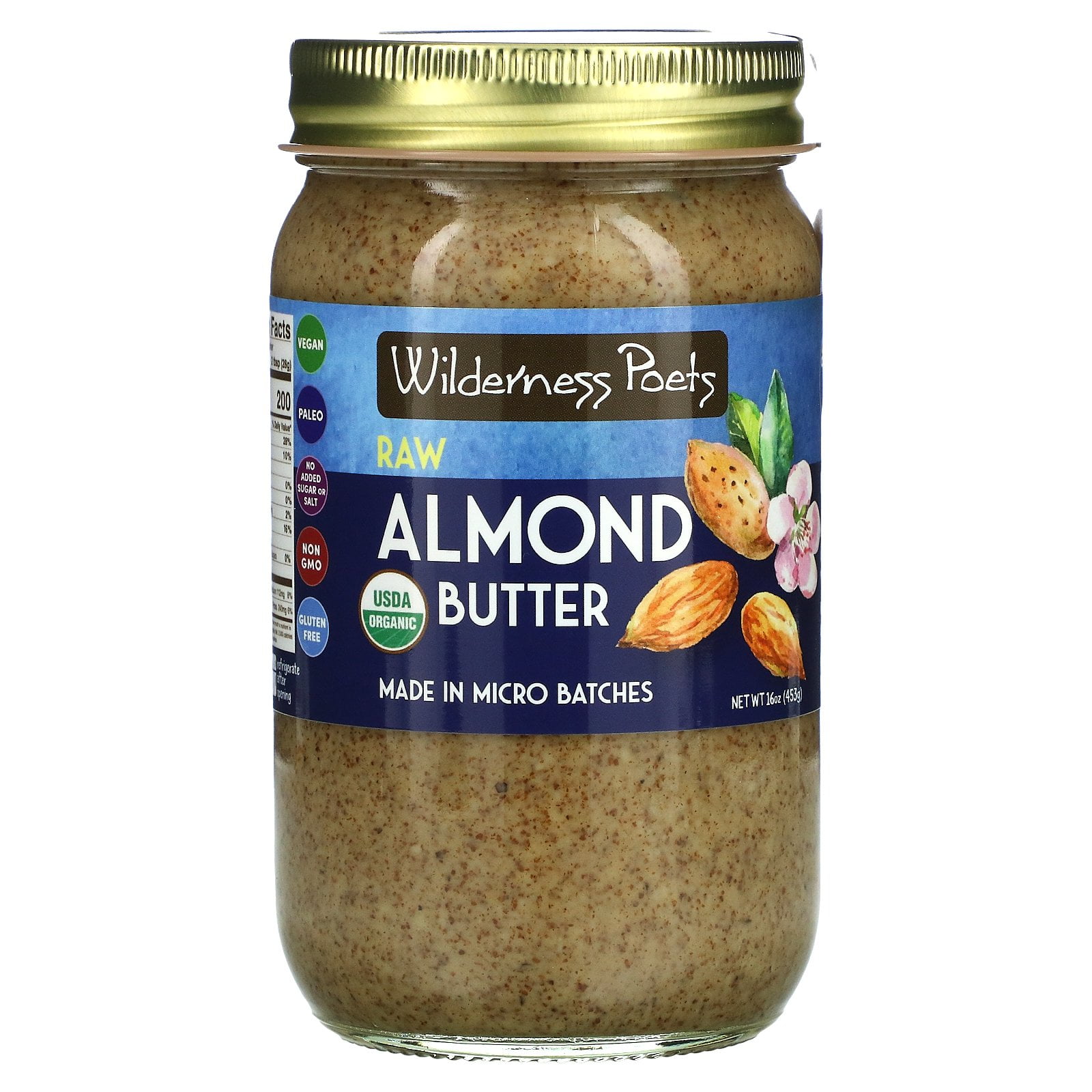 Organic Raw Almond Butter, 16 oz (453 g), Wilderness Poets