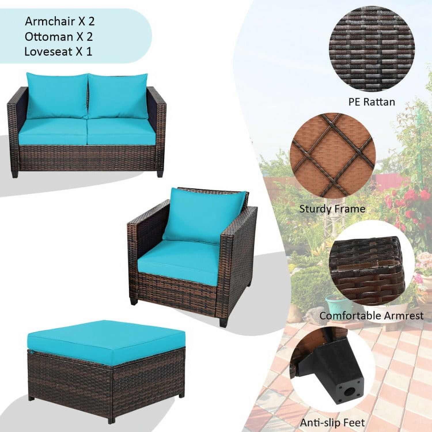 Aimee Lii 5 Pieces Patio Cushioned Rattan Furniture Set, Rattan Outdoor Furniture, Turquoise Aimee Lii 5 Pieces Patio Cushioned Rattan Furniture Set, Rattan Outdoor Furniture, Turquoise