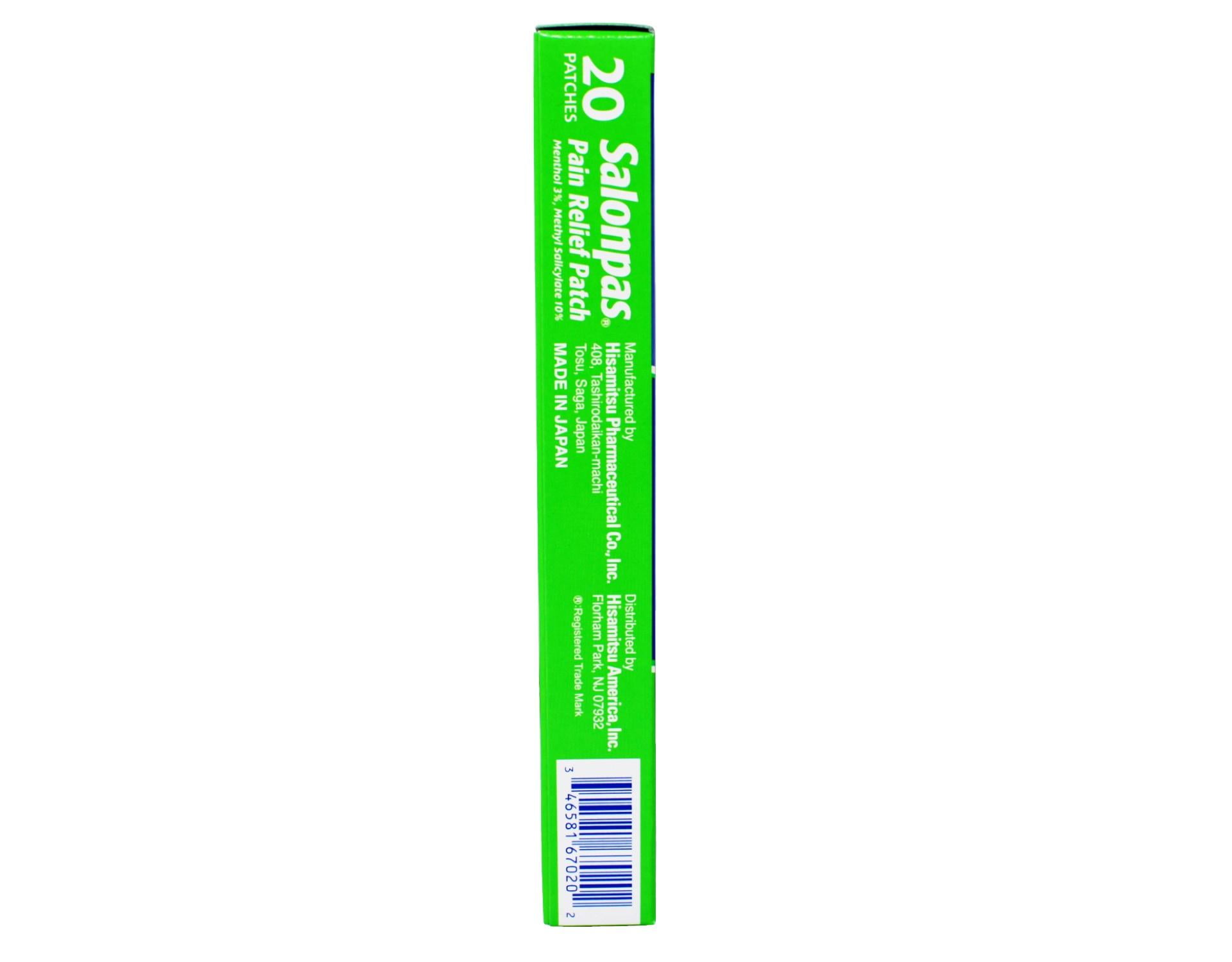 Salonpas Pain Relieving Menthol and Methyl Salicylate Patch, 20 Count, for Back, Neck, Shoulder, Knee Pain and Muscle Soreness, 12 Hour Pain Relief - 5 Pack