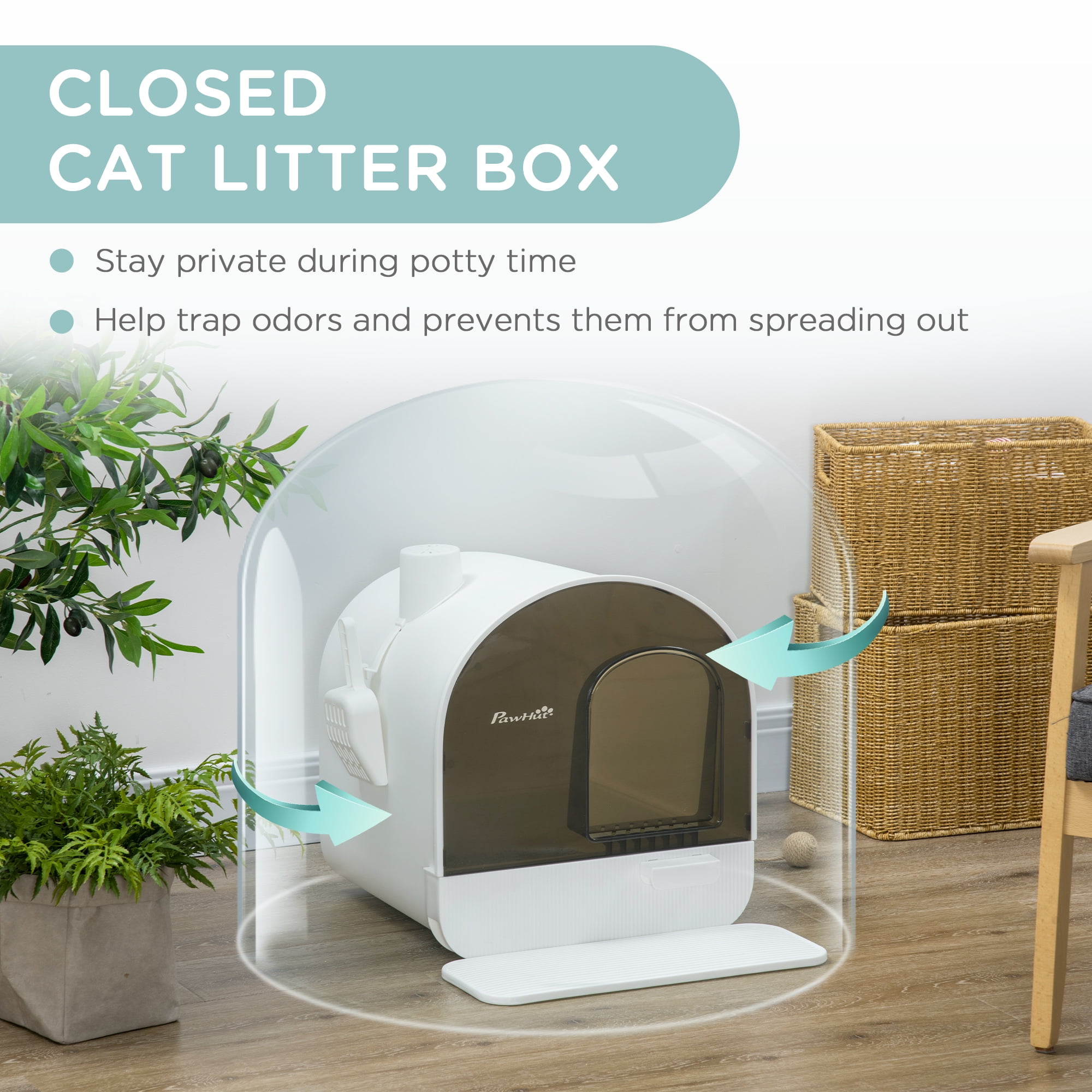 Covered Cat Litter Box with Lid Hooded Kitty Litter Box with Removable Tray Scoop Deodorizing Filter Litter Mat White