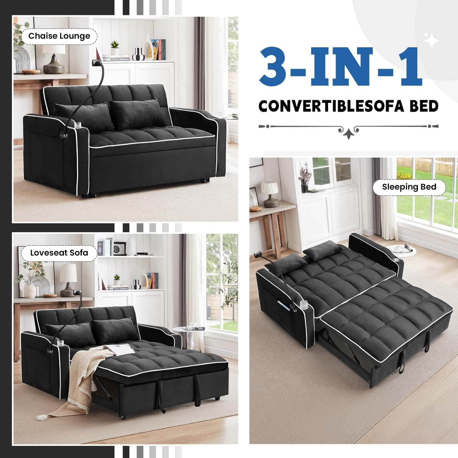 55" 3 in 1 Convertible Sofa Bed with Phone Holder, Loveseat Couch with Pull Out Bed, Space-Saving Apartment Sofa, Black