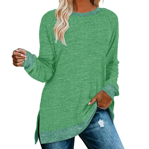 Green Young Adult Tops Women's Clothing Long Sleeve Round Neck Split Top Loose Casual Pullover Top Shirt Plus Size Tops for Women