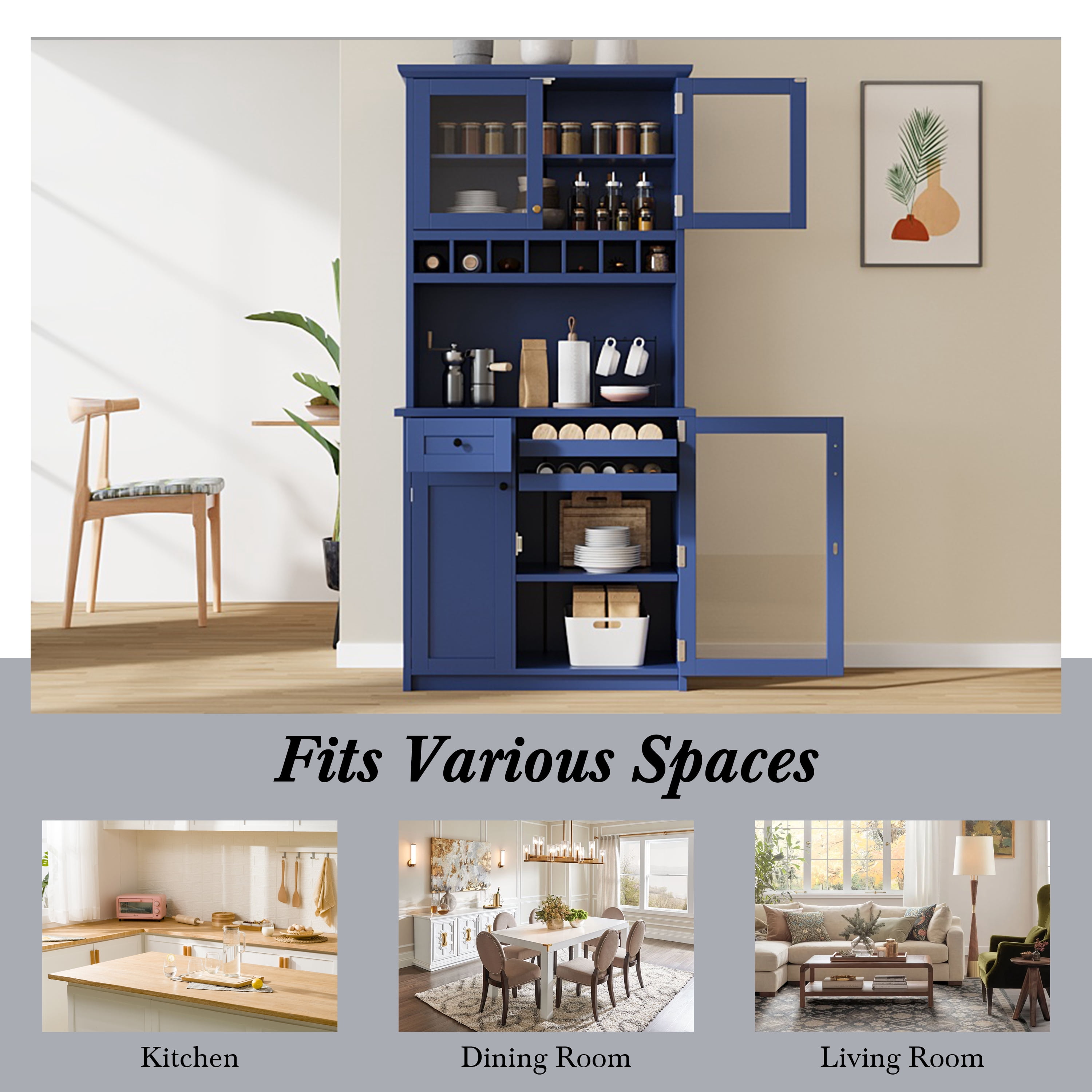 Leumius 75" Tall Kitchen Pantry Storage Cabinet,Farmhouse Wood Buffet Storage Cabinet with Wine Rack and Adjustable Shelves for Dining Room Living Room,Blue