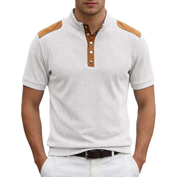 Men Tshirt Short Sleeve Crewneck Henley Shirts Basic White T-Shirts with Button Mens Work Shirts
