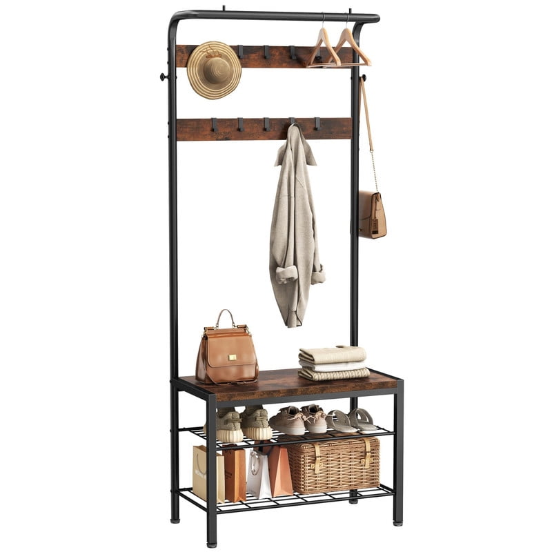 BEAUTYPEAK 5-in-1 Hall Tree 72"x28" Entryway Coat Rack with Shoe Bench Hanging Rod 10 Movable Hooks and 2-Tier Shoe Storage, Rust