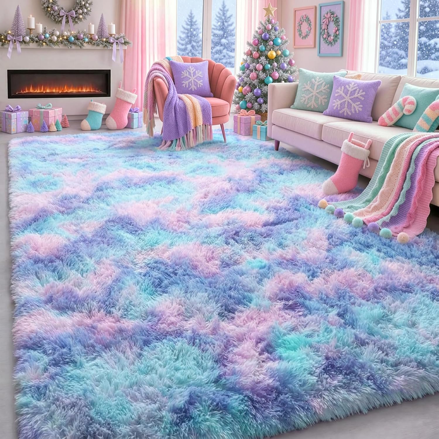 Vibrant Pastel 5x8 Rainbow Purple Soft Fluffy Mermaid Area Rug for Girls Bedroom Kids Playroom Nursery Classroom Plush Furry Carpet