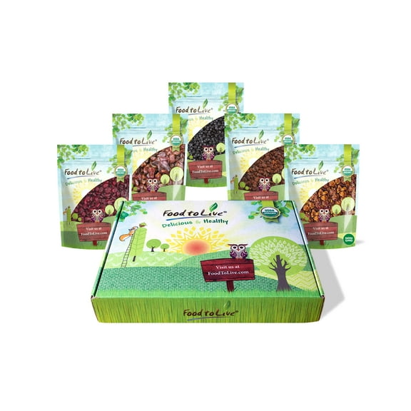 Organic Dried Berries in a Gift Box — A Variety Pack of Blueberries, Strawberries, Cranberries, Goldenberries, and Raisins - by Food to Live