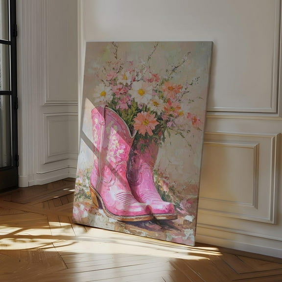 Pink Cowboy Boots Floral Art Print – Rustic Western Wall Decor, Country Chic Farmhouse Style, Southern Cowgirl Gift, Rodeo Charm Wall Art, Modern Wall Decor, 8x12 UNFRAMED